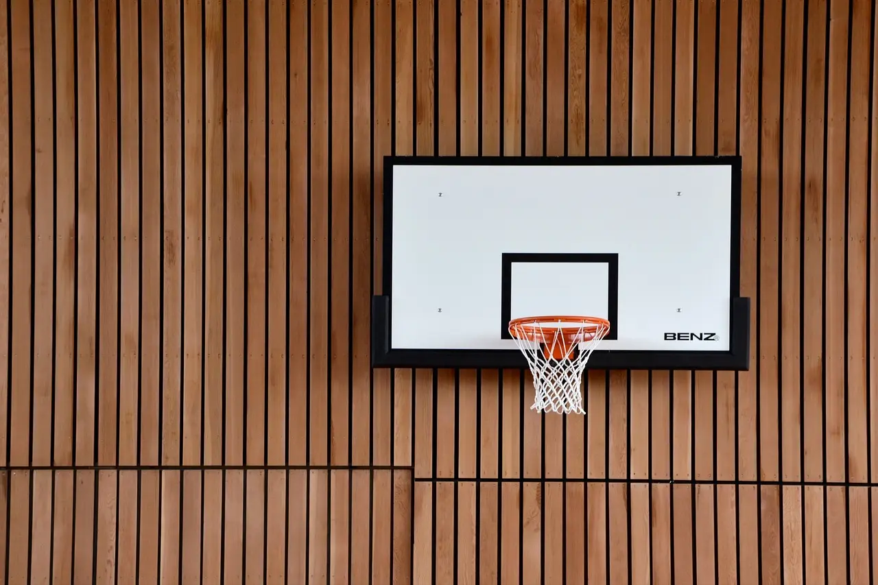 Basketballkurv og bagtavle monteret på træbeklædt væg